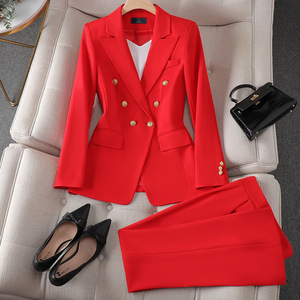 Women's Suit Set Rose Red Long Sleeve Office Lady Spring Autumn Commute Full Sleeve Worsted YX-8017 - Product Image 3