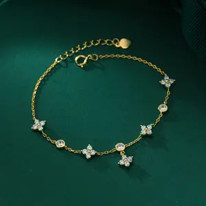 Beautiful Bling Cubic Zirconia Flower Pendant Charm Bracelet Pure 925 Sterling Silver Clover Bracelets