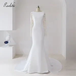 Ruolai QD06279 Einfache Bateau Langarm Knopf Satin Spitze Braut Brautkleid Meerjungfrau Brautkleid