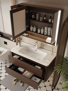 Nouvelle armoire de salle de bain couleur noyer avec lavabo intégré en céramique - Product Image 4