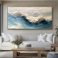 Peinture murale 3D surdimensionnée en plâtre fait main, bleu et blanc, minimaliste, texturée, motif vague océanique, décoration intérieure
