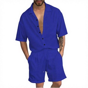 Ensemble deux pièces pour homme, chemise à manches courtes décontractée d'été, respirante, couleur unie, tissage satiné polyester/coton - Product Image 1