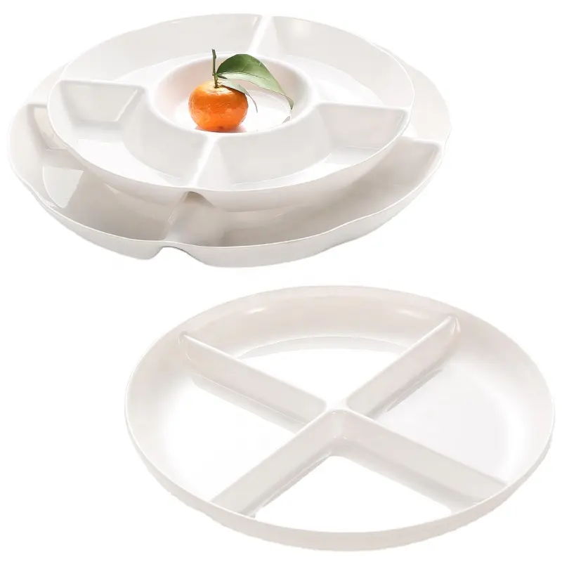 Divided Restaurant Serving Trays Dish Melamine Round Relish Platter Tray Appetizer Compartment Bowl for Chips Dip Veggies Candy