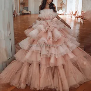 Layers Tulle Evening Long Prom Dresses For Party Wear High Quality Sleeveless Pleated Tulle Coral V-neck Ball Gown Wedding Dress