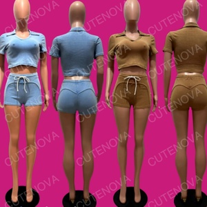 Viviblook Z509ST06 femmes lavage décontracté ensemble O cou à manches courtes haut Shorts sport décontracté ensemble 2 pièces grande taille costume - Product Image 1