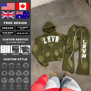 KIingSen OEM Conjunto de Sudadera con Capucha y Pantalones de Chándal para Hombre, 100% Algodón Terry Transpirable, con Bordado de Apliques, Cremallera, Lavado Ácido, Estilo Urbano, para Invierno - Product Image 2