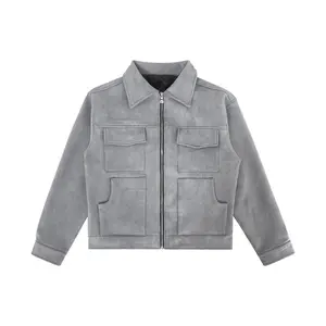 Chaqueta Bomber de ante gris personalizada de alta calidad, abrigos de trabajo con múltiples bolsillos, Primavera