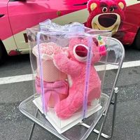 Bouquet de roses éternelles en forme d'ours fraise en gros, seau à fleurs, cadeau de Saint-Valentin et d'anniversaire, boîte cadeau transparente en PVC avec ruban