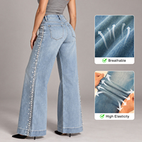 Jean large taille haute pour femme en denim/coton, style vintage personnalisé, orné de perles, strass et sequins argentés, délavage clair