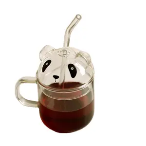 Cốc Uống Nước Thủy Tinh Borosilicate Có Tay Cầm Và Nắp Thủy Tinh Panda Hình Dạng Hoạt Hình Cốc Thủy Tinh Cốc Có Nắp Và Ống Hút