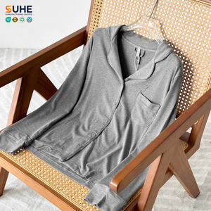 Ensemble de pyjama d'hiver pour femme en modal côtelé ultra doux et respirant (92 %), avec taille élastique, manches longues, boutons, couleur unie, pour la détente - Product Image 3