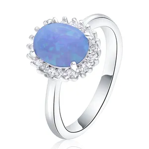 Grande vendita Prong Setting Oval Halo Blue Opal Womens Rings Classic 925 Sterling Silver Vintage Rings