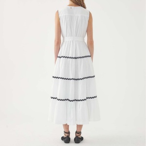 Hot Sales Custom logo <b>Boho</b> Embroidered Dress Wavy Trim Side Pockets Sleeveless Cotton Tiered Maxi Dress for Women - Product Image 2