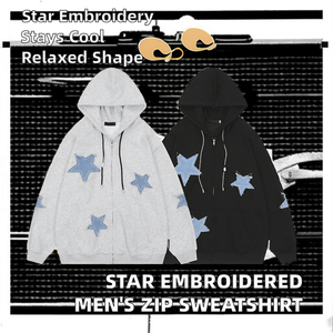 European American Style <b>Men's</b> 100% Cotton Breathable V-neck Loose Fit Embroidered Star Pattern Autumn <b>Cardigan</b> Sweatshirt <b>Pocket</b> - Product Image 2