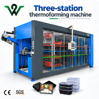 Machine de thermoformage d'emballages alimentaires en PP/PS/PET/PVC entièrement automatique à trois postes, haute vitesse, directement de l'usine