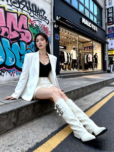 Bottes Soft Niche pour femme, à bout pointu, montantes, à talon compensé dissimulé, blanches, au-dessus du genou, mi-cuisses, automne - Product Image 6