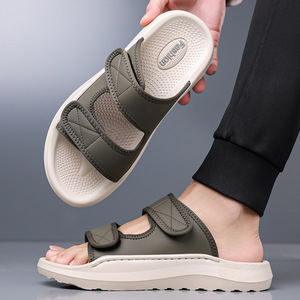 Men's Summer <b>Slides</b> Open Toe Pu Upper EVA Outsole Anti <b>Slip</b> Casual Beach Sandals Hook Loop Closure Solid Color - Product Image 3