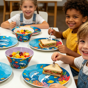 Bol en mélamine coloré sur le thème marin de 6 pouces avec motif de dauphin et de poisson, bol pour enfants pour pâtes, salades, fruits - Product Image 2