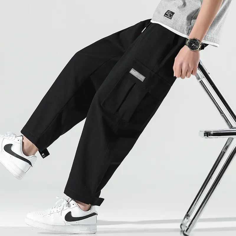 Autumn Men'S Cargo Pants Loose Wide Leg Casual Trousers For Men Black Khaki Drawstring School Male Clothes Streetwear