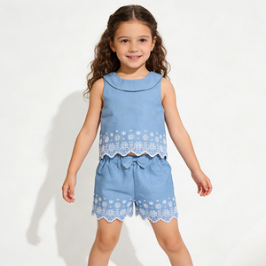 2026 Spring/Summer New Arrival Fresh Light Blue Lace Embroidery Sleeveless Backless Bow Two-piece Set Breathable Cute - Product Image 2