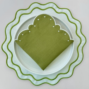 Custom LOGO Embroidered Handmade <b>Cloth</b> Pure Cotton <b>Linen</b> Napkins and Placamat Set 100% <b>Linen</b> Embroidered Scallop Edge - Product Image 3