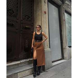 <b>Brown</b> Genuine Leather Suede <b>Pencil</b> <b>Skirt</b> Chic Slit Detail Modern Chic Winter Knitted Apparel Printed Logo Waisted Natural - Product Image 4