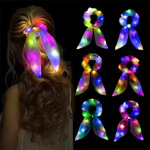 Light UpผมBows Scrunchies LEDส่องสว่างกระต่ายกระต่ายหูScrunchieผู้ถือหางม้าเรืองแสงใน Darkนีออนอุปกรณ์ปาร์ตี้