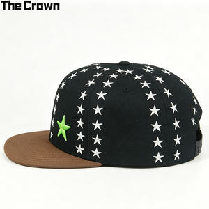 Custom Logo 6 Panel Two Tone <b>Flat</b> Brim Cap Wholesale Bulk Star Embroidery Single Row Snapback <b>Hat</b> Manufacturer - Product Image 2