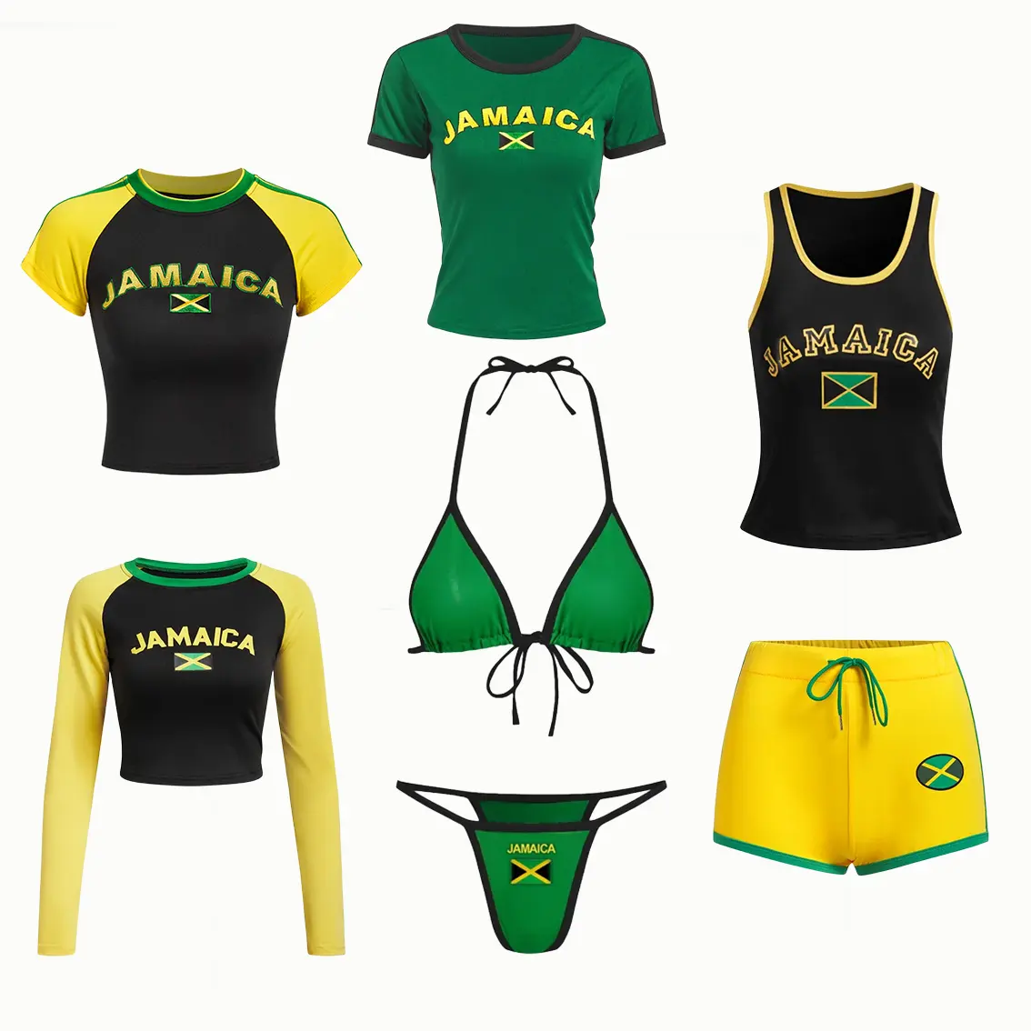 2024 kustom Logo Jamaika Jersey kerah Crew warna blok huruf Tank Top dan set pendek dipasang lengan pendek lengan panjang t-shir