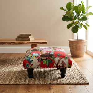 Pouf en bois au design traditionnel moderne, tabouret bas pour salon, meuble décoratif rembourré en tissu, non pliable - Product Image 3
