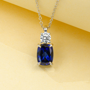 925 Sterling Silver <b>Pendant</b> Necklace, <b>Emerald</b> Cut Lab Created Sapphire with Round CZ Accent Fine Jewelry for Women - Product Image 2