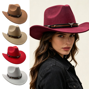 Chapeau de cowboy western marron à large bord avec bande à motif crâne de taureau pour la pratique de la randonnée en plein air - Product Image 6