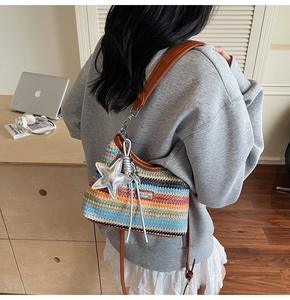2026 Niche Design Rainbow Woven Bag for Women Retro Vintage <strong>Ladys</strong> Simple Shoulder Bag Zipper Closure Polyester Lining Beach Bag - Product Image 5