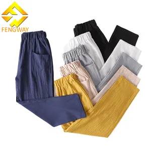 Fengway özel kadın pamuk keten ayak bileği uzunluğu pantolon yaz tatili nefes rahat düz renk kapri pantolonlar