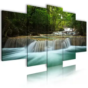 Panel de lienzo decorativo personalizado para decoración del hogar, cuadro de cascada de paisaje para sala de estar, impresiones de imagen, arte de pared de 5 piezas