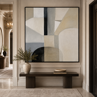 Peinture à l'huile abstraite géométrique neutre vintage, beige et noir, minimaliste, sur toile, pour la décoration de hôtel, villa, hall d'entrée, bureau