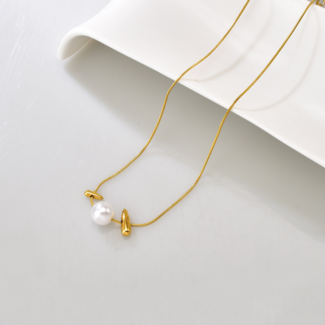 New Trendy Geometric Pearl Jewelry Stainless Steel 18K Gold Plated Handmade Link Chain Necklace for Women Party Gift