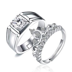 925 Silver Plated Zircon Crown Men Women Couple <b>Ring</b> Shiny Diamond Crown Design Couple <b>Ring</b> Weeding Engagement <b>Adjustable</b> <b>Ring</b> - Product Image 1