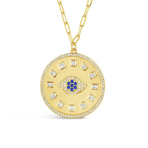 Yellow Gold Evil Eye CZ Sun Dial <strong>Coin</strong> Pendant <strong>Necklace</strong> - Product Image 1