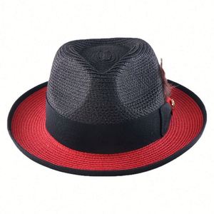 Chapeaux Fedora en paille de papier bicolores noir et rouge avec plume, collection été 2025 - Product Image 5