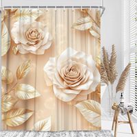 Rideau de Douche en Tissu Luxe Élégant, Motif Floral 3D Moderne Minimaliste Abstrait, Fleurs Blanches et Feuilles Dorées