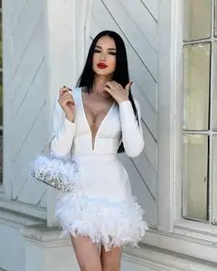 Высокое качество элегантная Вечеринка карнавальный костюм День рождения белое страусиное перо коктейльное платье