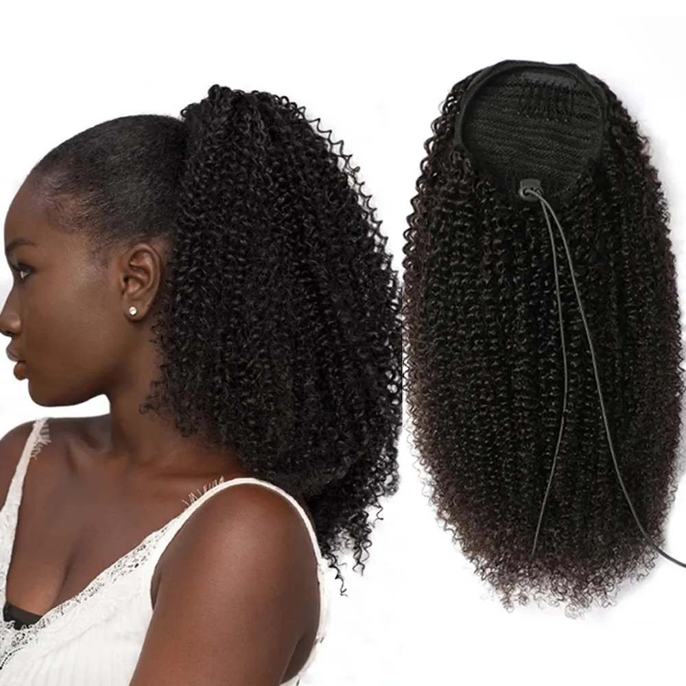 YL Wholesale Easy Wear Ponytail Extensions with Clips in Remy Brazilian Human Hair Afro Kinky Curly Drawstring Ponytail