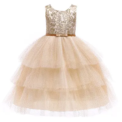 2020 Little Kids Champagne Princess bling heavy lace Christmas wedding dresses Baby Girls Party New Year layered Dress