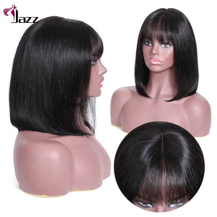 100% natural black short bob wig with bangs for black women, brazilian virgin remy straight human hair fringe bob style cut wig