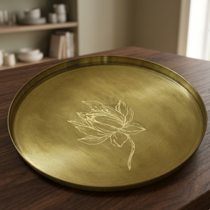 Assiette décorative ovale en métal avec motif de lotus gravé, style chinois traditionnel fait main, motif végétal - Product Image 4