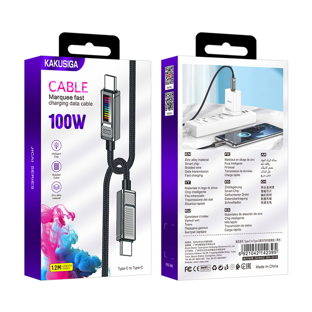 KAKU/KAKUSIGA LED PD100W Type-C to Type-C Fast Charging Data Cable 1.2M Zinc Alloy Braided Wholesale High Quality Black