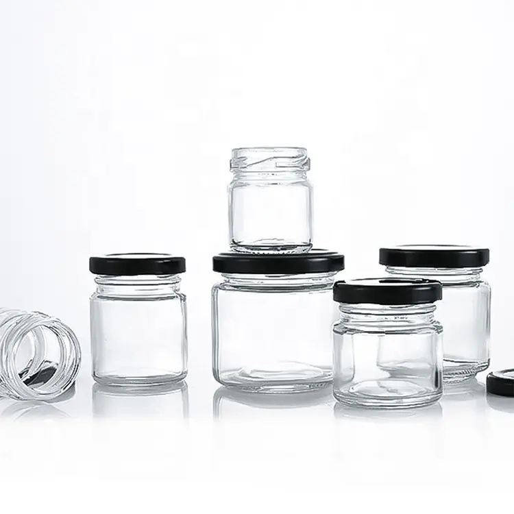 Mini frascos redondos de vidrio para almacenamiento de alimentos, frascos de miel con tapa de metal hermética, 1 onza, 30ml, 45ml, 60ml, 80ml, 120ml, 150ml