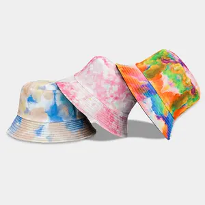 Colorful spring summer camping outdoor fashion Tie-dyed Print fisherman hats reversible custom logo wide brim unisex bucket hats