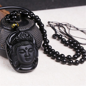 จี้ห้อยคอหินออบซิเดียนสีดำธรรมชาติแกะสลักรูป<span class=keywords><strong>พระ</strong></span>โพธิสัตว์กวนอิม เครื่องรางนำโชค ของขวัญ - Product Image 3